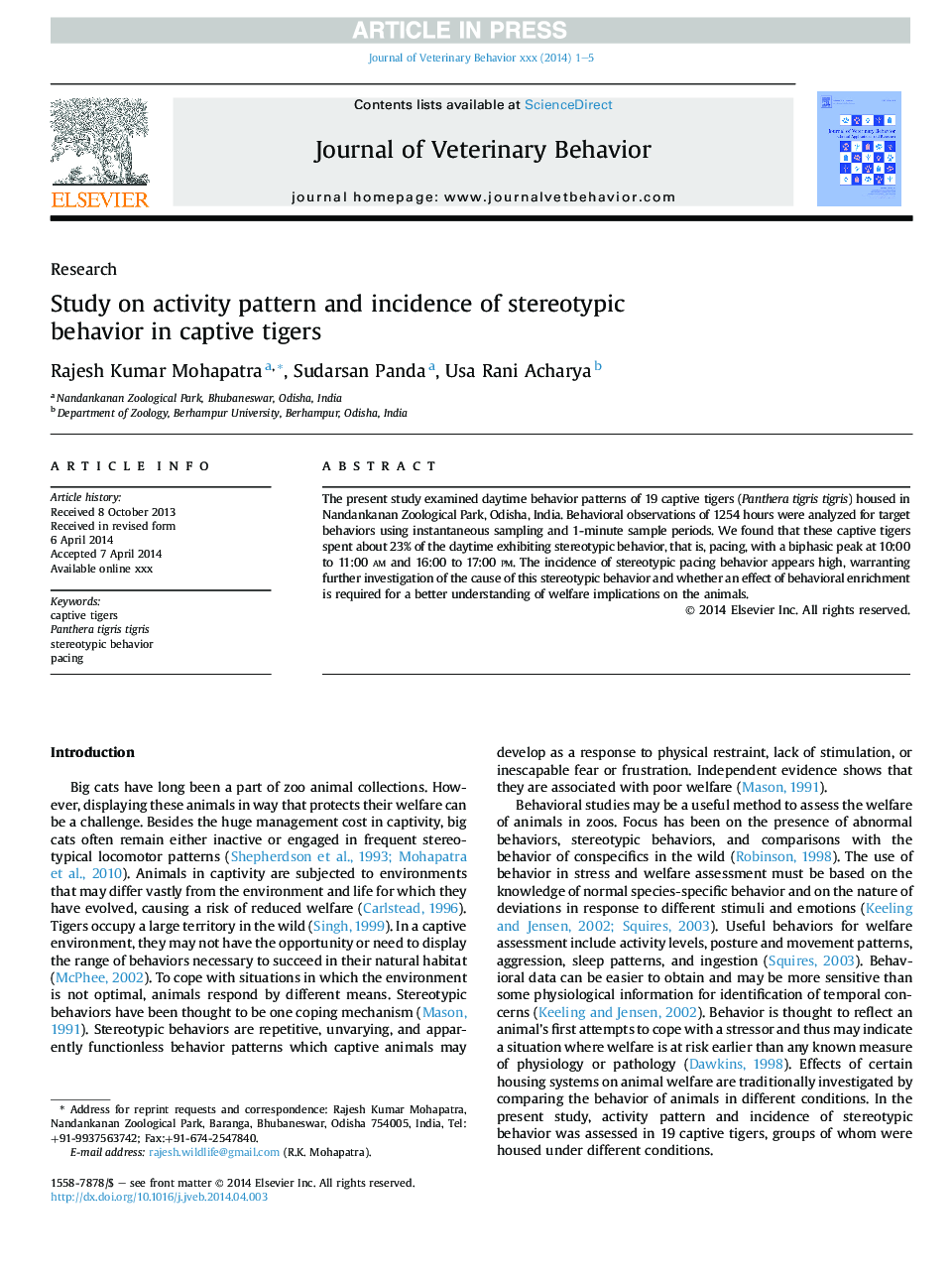 Study on activity pattern and incidence of stereotypic behavior in captive tigers