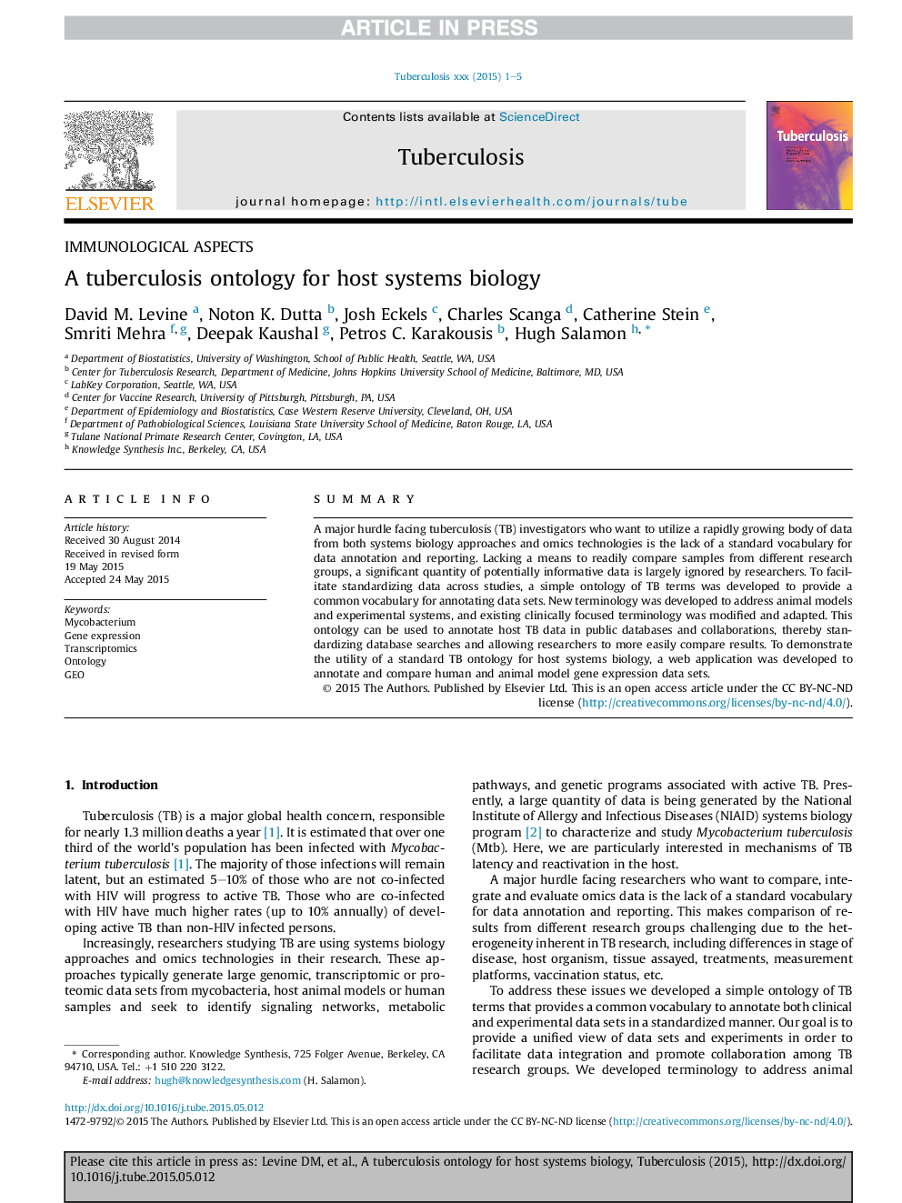 A tuberculosis ontology for host systems biology