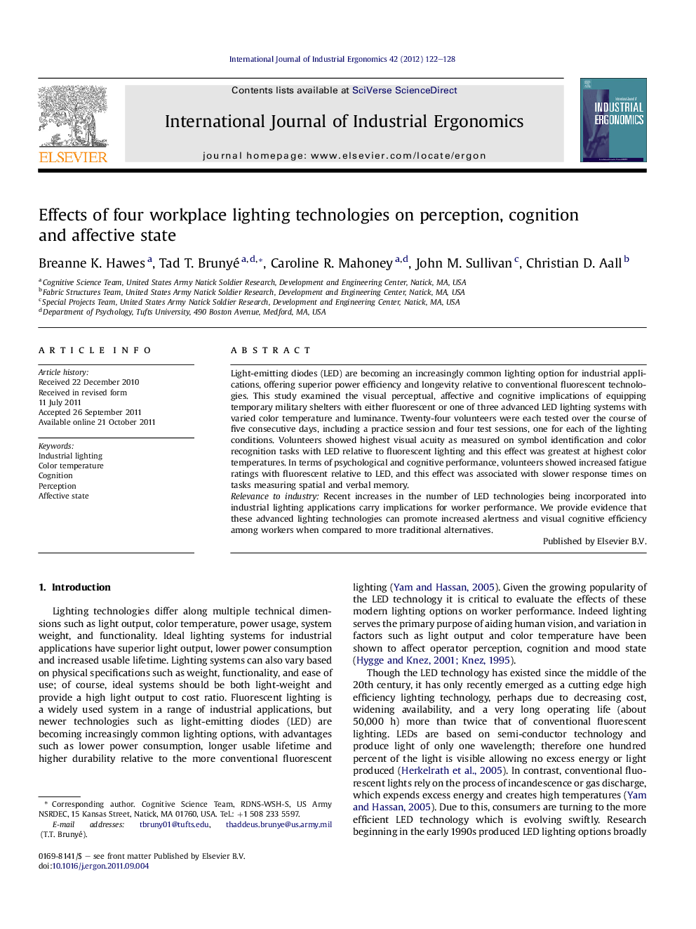 Effects of four workplace lighting technologies on perception, cognition and affective state