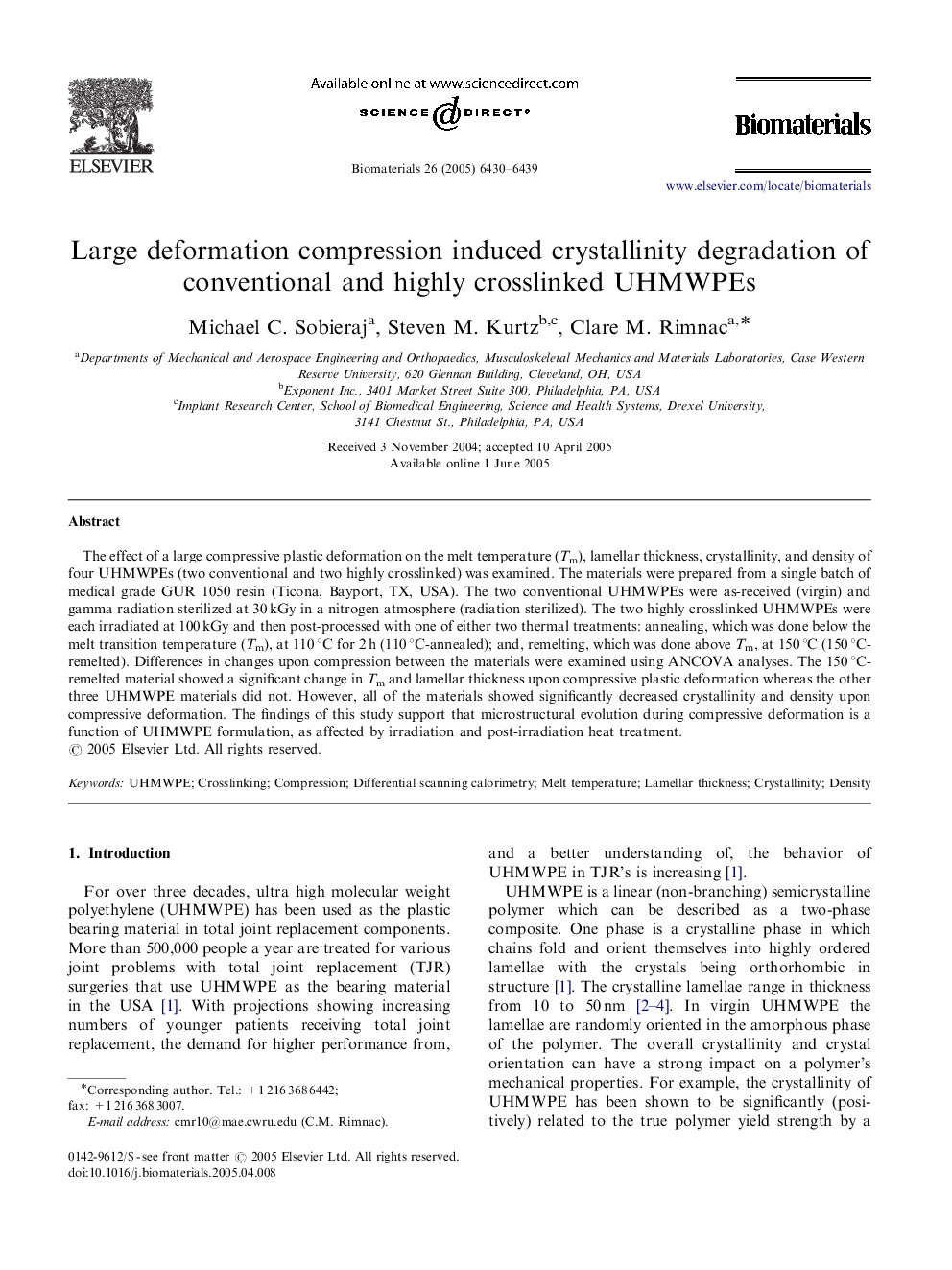 Large deformation compression induced crystallinity degradation of conventional and highly crosslinked UHMWPEs