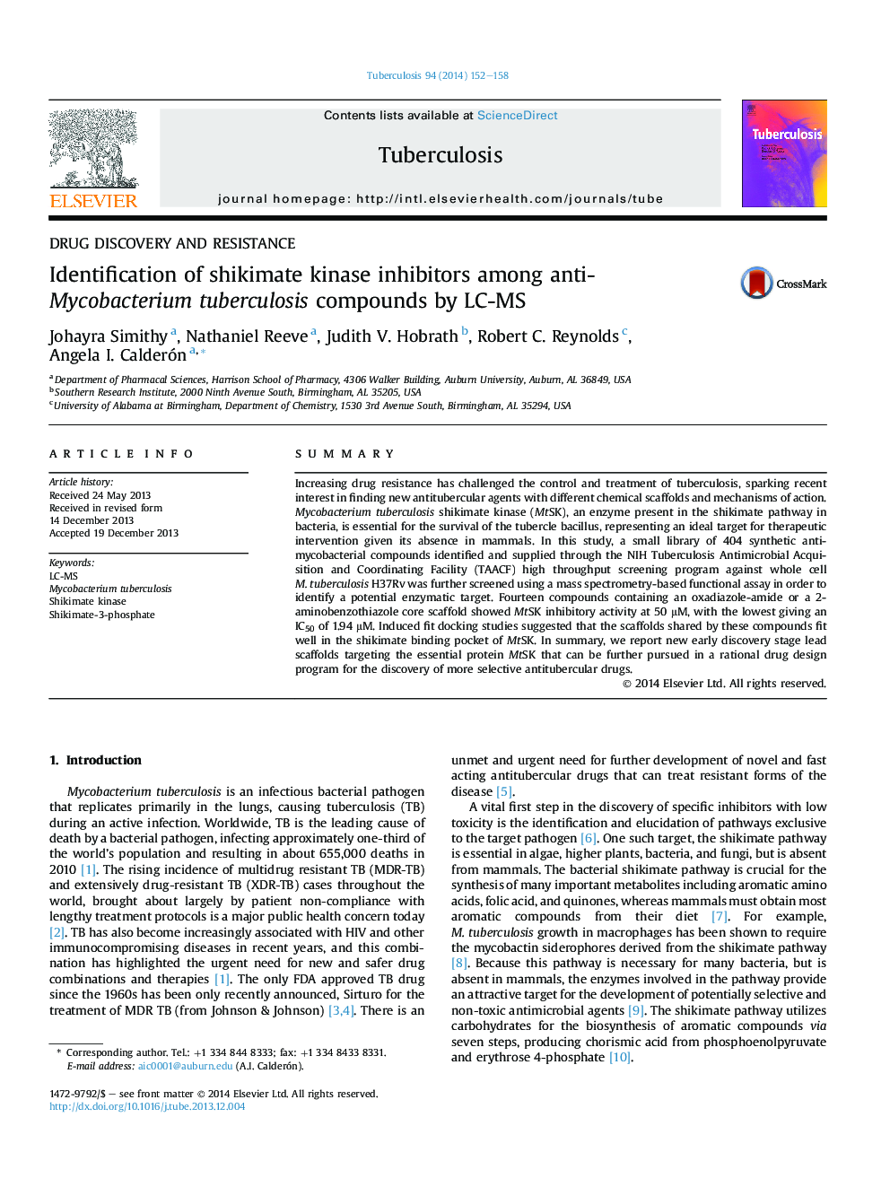 Identification of shikimate kinase inhibitors among anti-Mycobacterium tuberculosis compounds by LC-MS