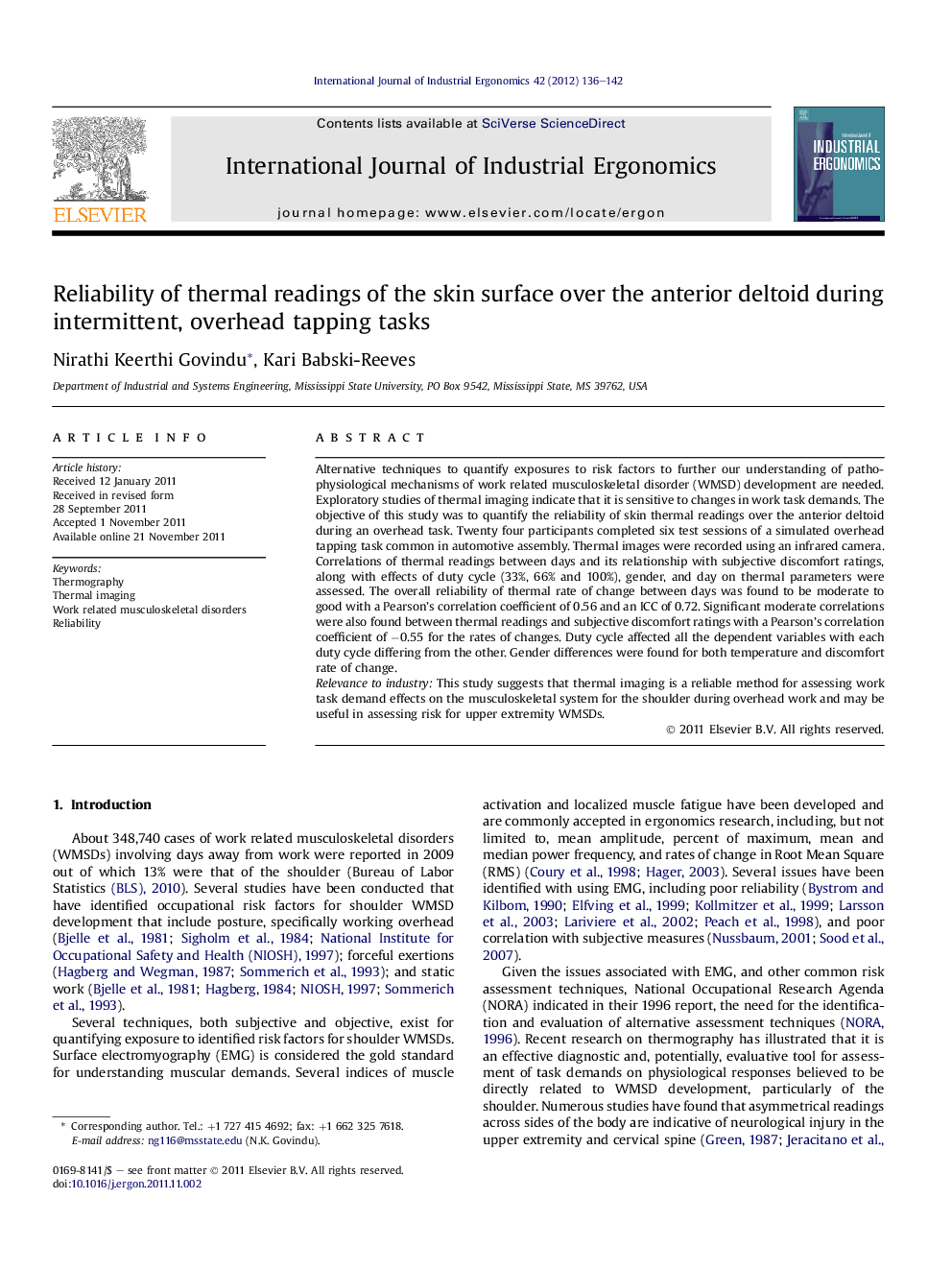 عکس صفحه اول مقاله: Reliability of thermal readings of the skin surface over the anterior deltoid during intermittent, overhead tapping tasks Reliability of thermal readings of the skin surface over the anterior deltoid during intermittent, overhead tapping tasks