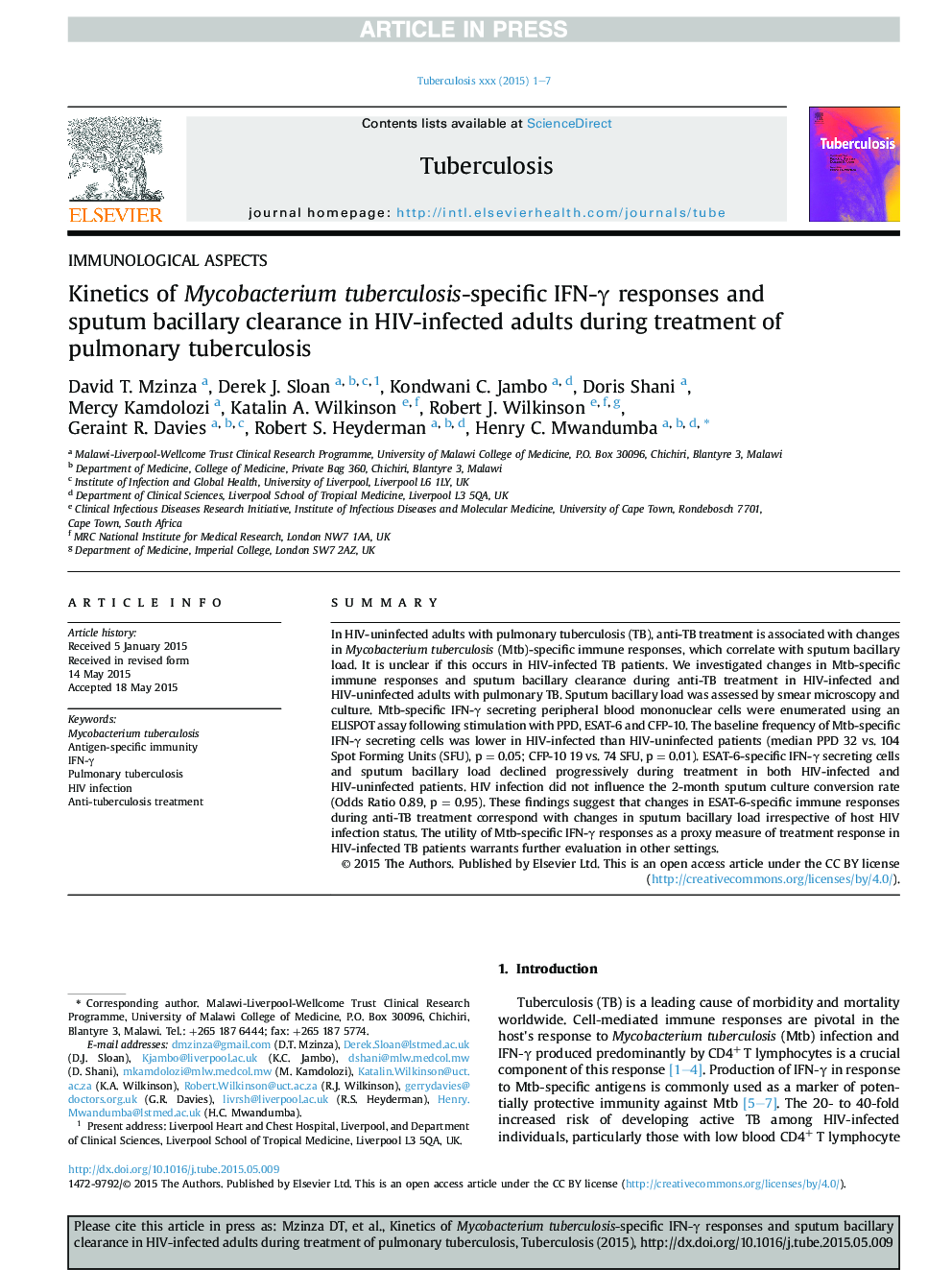 Kinetics of Mycobacterium tuberculosis-specific IFN-Î³ responses and sputum bacillary clearance in HIV-infected adults during treatment of pulmonary tuberculosis