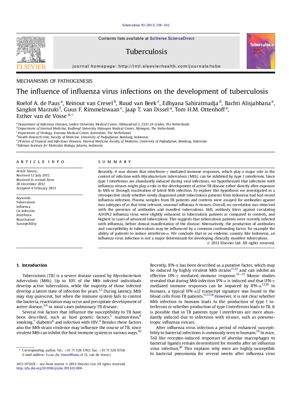 The influence of influenza virus infections on the development of tuberculosis