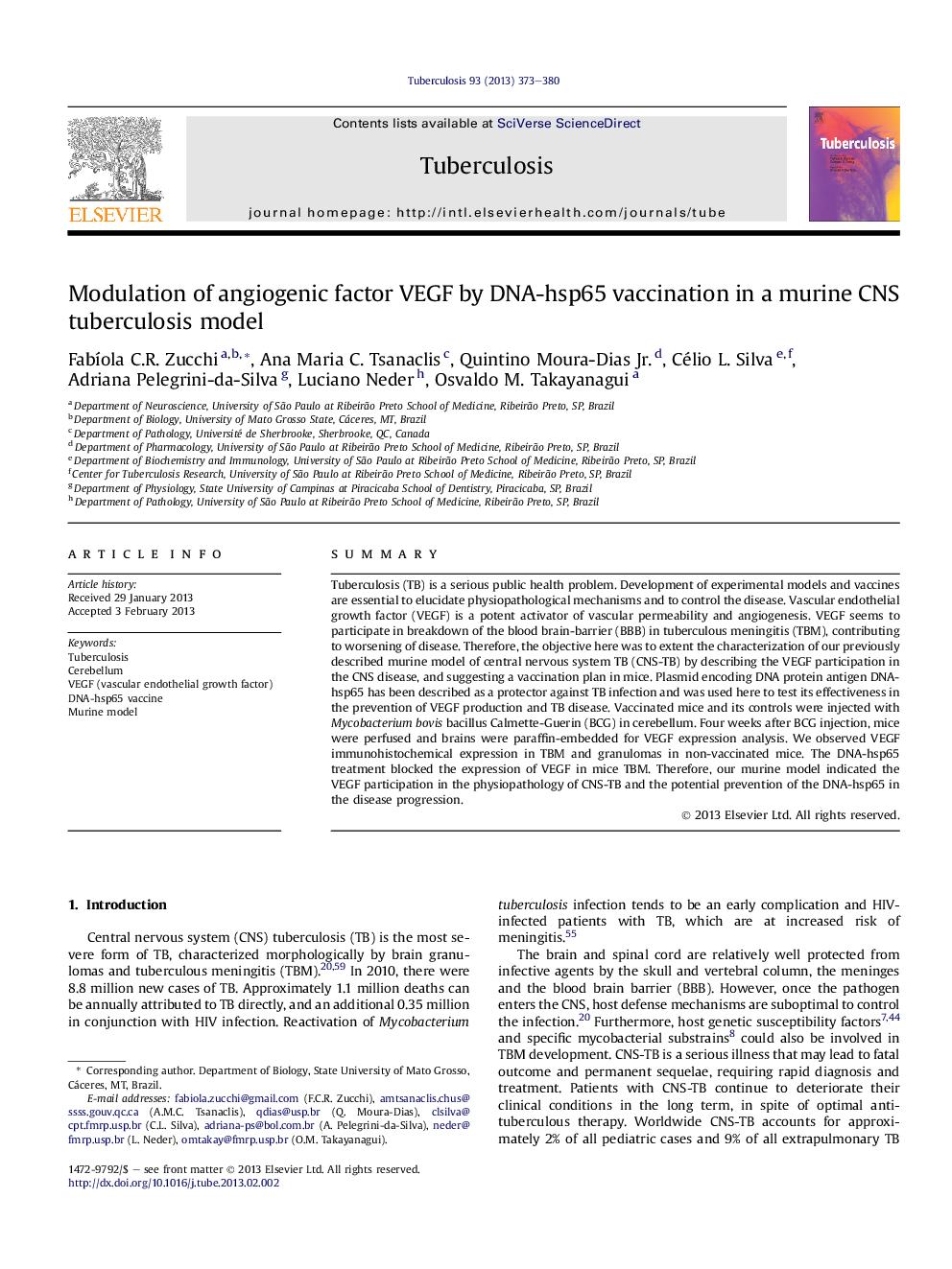 Modulation of angiogenic factor VEGF by DNA-hsp65 vaccination in a murine CNS tuberculosis model