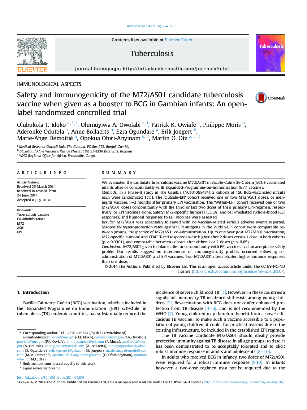 Safety and immunogenicity of the M72/AS01 candidate tuberculosis vaccine when given as a booster to BCG in Gambian infants: An open-label randomized controlled trial