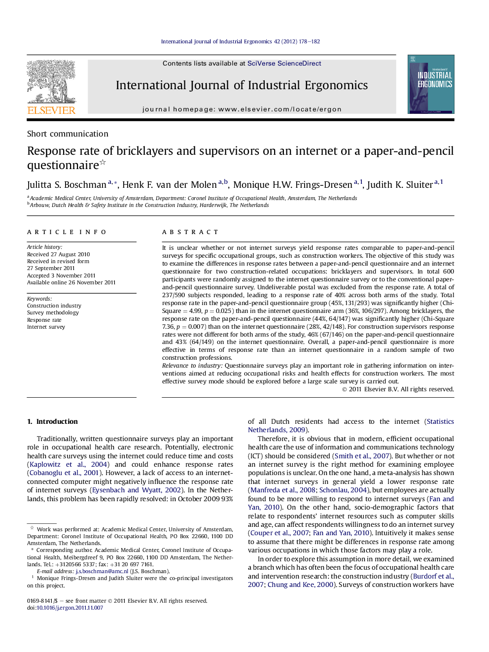 Response rate of bricklayers and supervisors on an internet or a paper-and-pencil questionnaire 