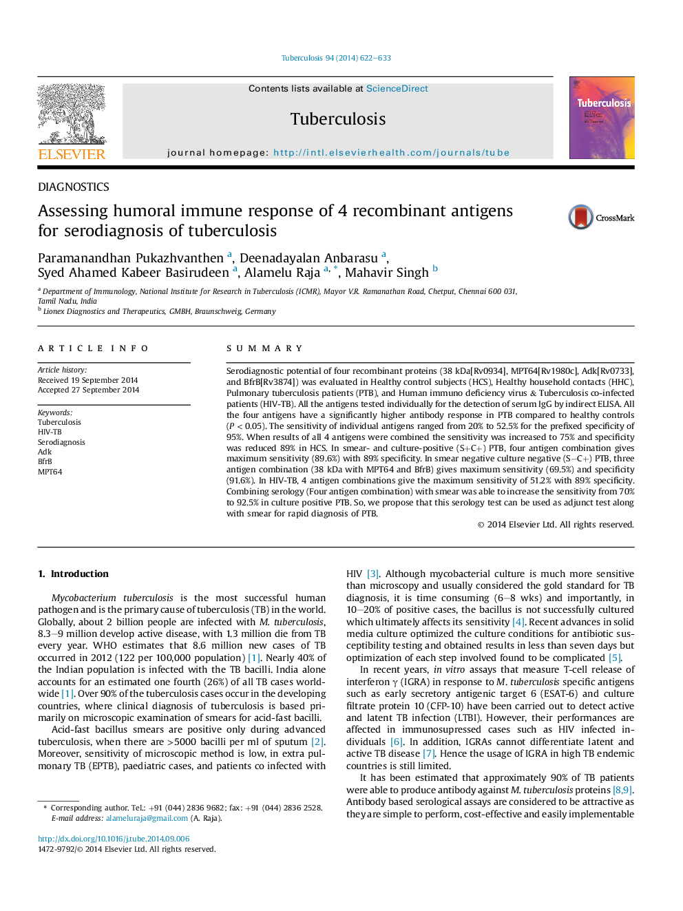 Assessing humoral immune response of 4 recombinant antigens for serodiagnosis of tuberculosis