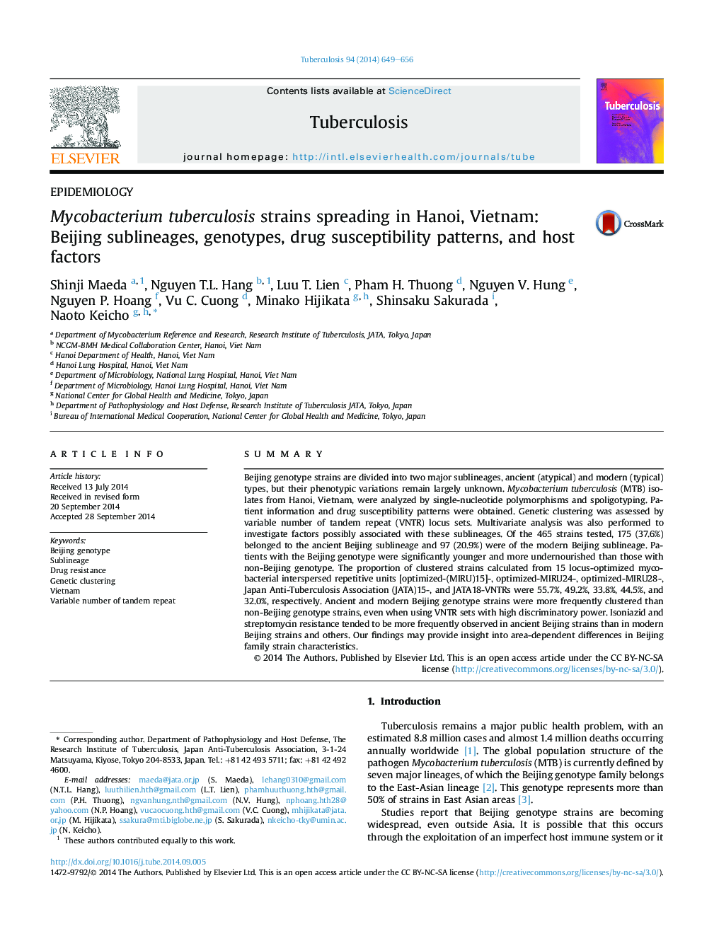 Mycobacterium tuberculosis strains spreading in Hanoi, Vietnam: Beijing sublineages, genotypes, drug susceptibility patterns, and host factors