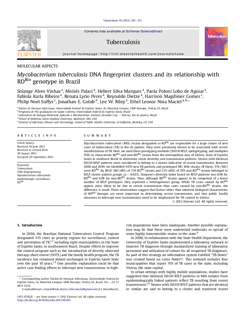 Mycobacterium tuberculosis DNA fingerprint clusters and its relationship with RDRio genotype in Brazil