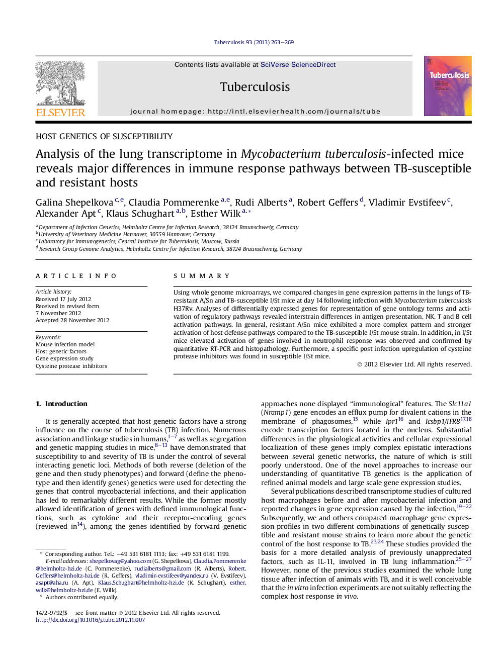 Analysis of the lung transcriptome in Mycobacterium tuberculosis-infected mice reveals major differences in immune response pathways between TB-susceptible and resistant hosts