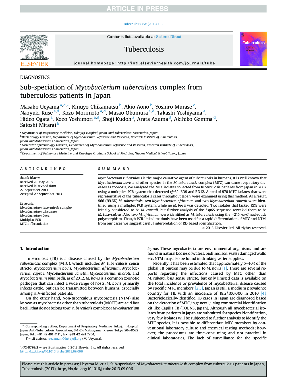 Sub-speciation of Mycobacterium tuberculosis complex from tuberculosis patients in Japan