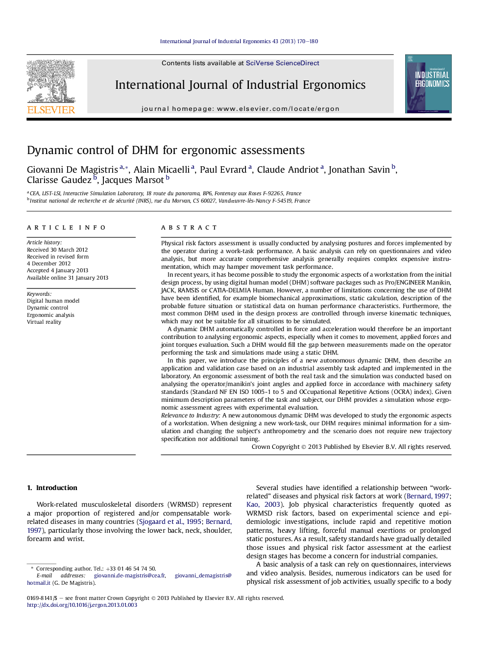 Dynamic control of DHM for ergonomic assessments