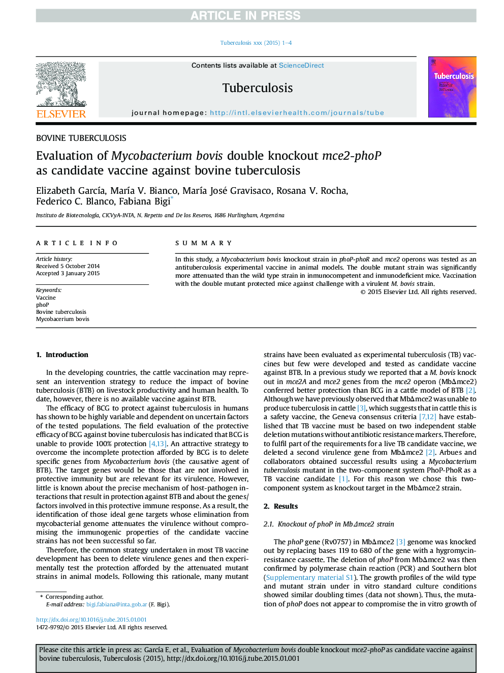 Evaluation of Mycobacterium bovis double knockout mce2-phoP as candidate vaccine against bovine tuberculosis