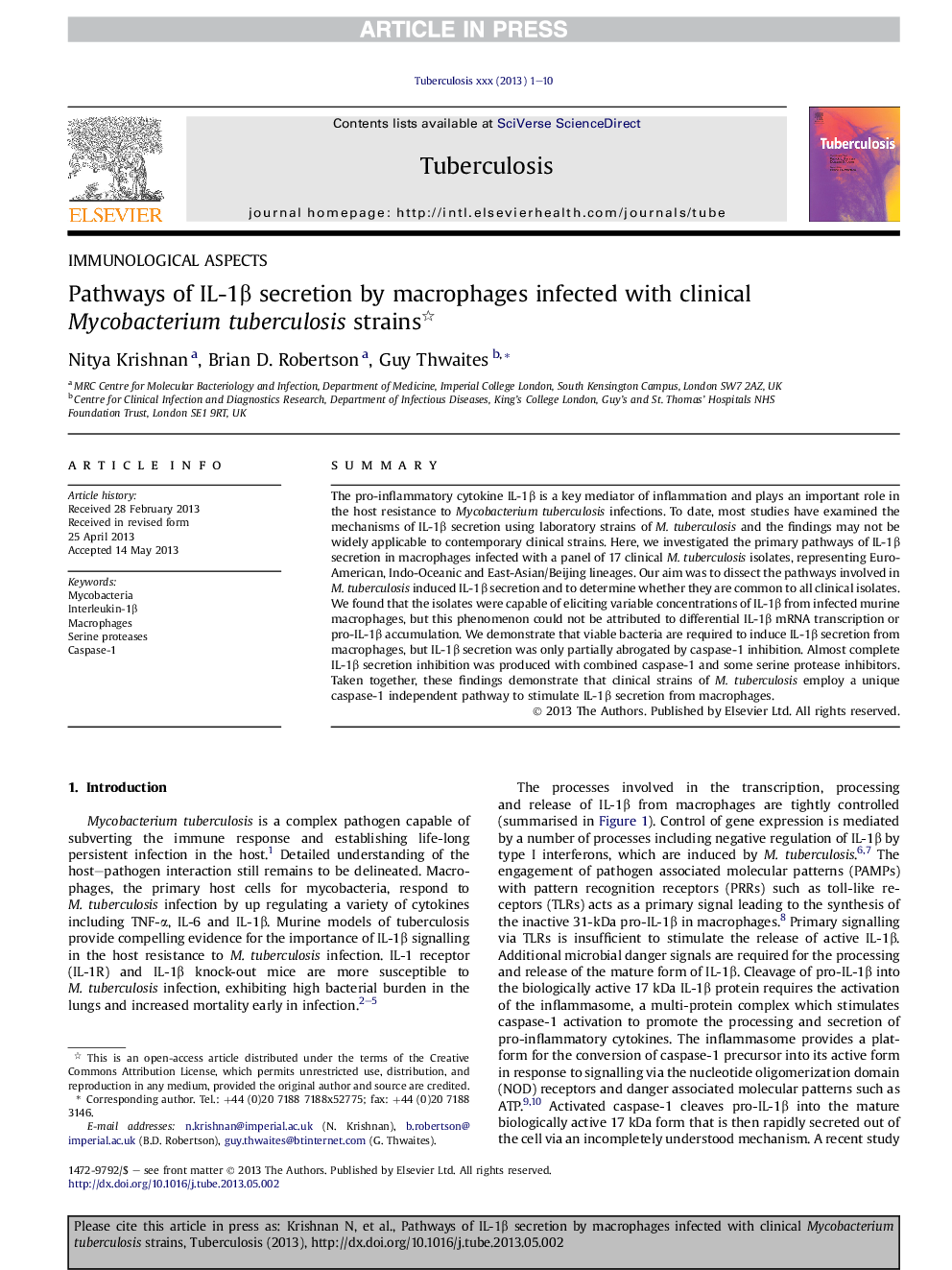 Pathways of IL-1Î² secretion by macrophages infected with clinical Mycobacterium tuberculosis strains