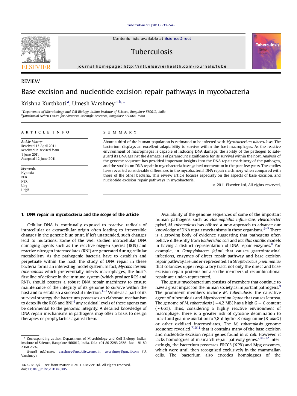 عکس صفحه اول مقاله: Base excision and nucleotide excision repair pathways in mycobacteria Base excision and nucleotide excision repair pathways in mycobacteria