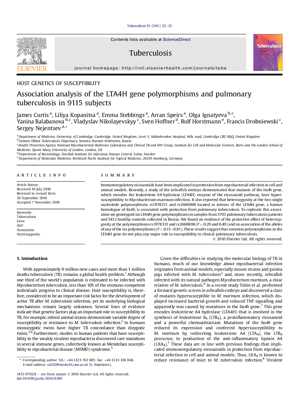 Association analysis of the LTA4H gene polymorphisms and pulmonary tuberculosis in 9115 subjects