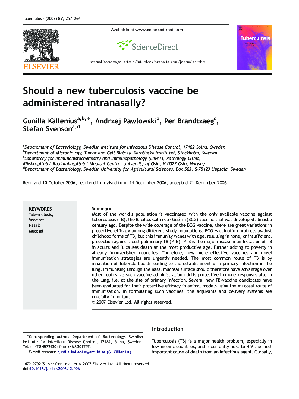 عکس صفحه اول مقاله: Should a new tuberculosis vaccine be administered intranasally? Should a new tuberculosis vaccine be administered intranasally?