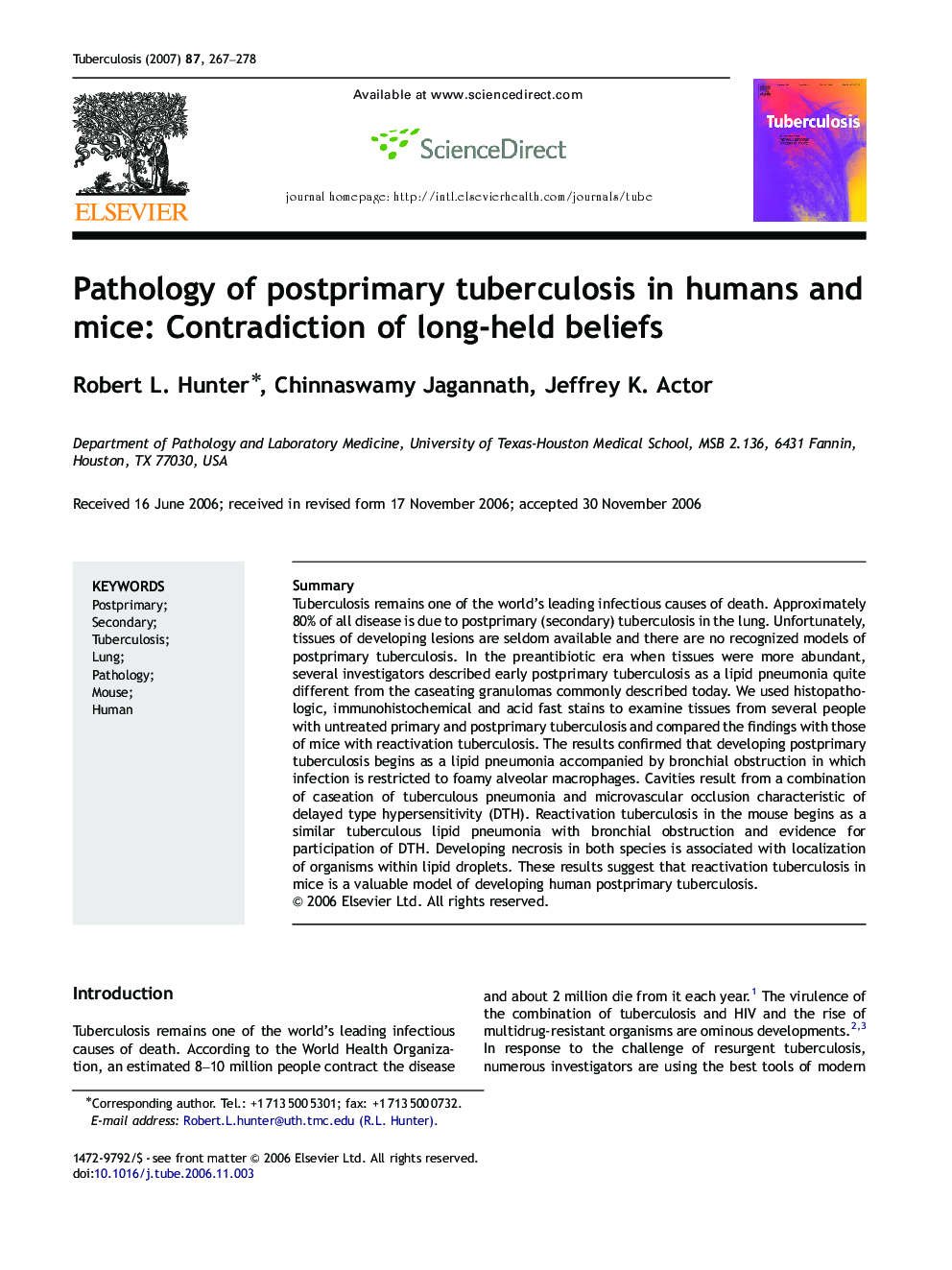 Pathology of postprimary tuberculosis in humans and mice: Contradiction of long-held beliefs