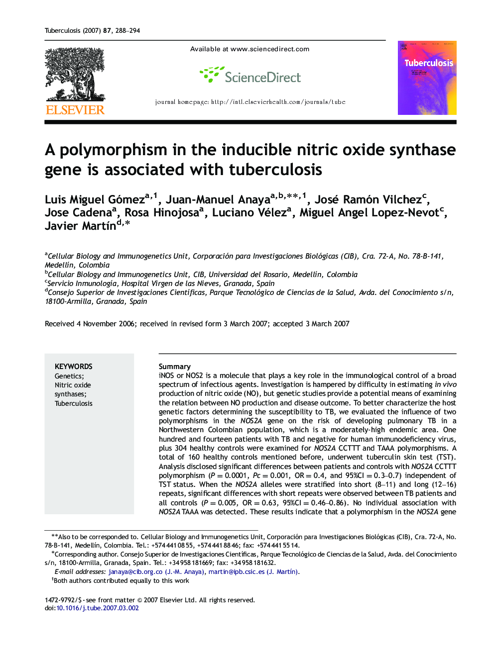 A polymorphism in the inducible nitric oxide synthase gene is associated with tuberculosis