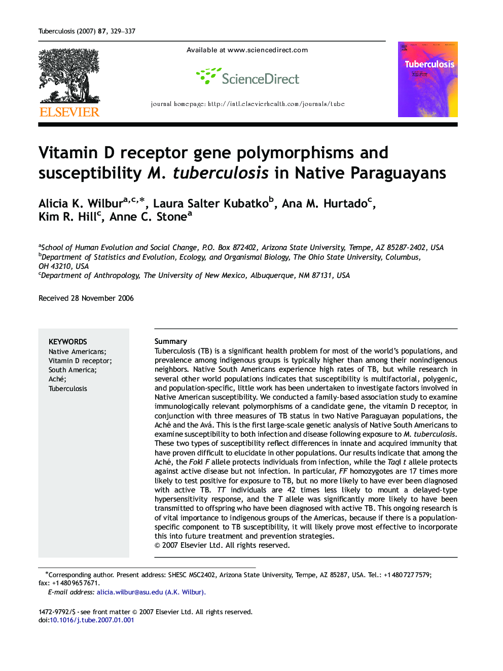 Vitamin D receptor gene polymorphisms and susceptibility M. tuberculosis in Native Paraguayans