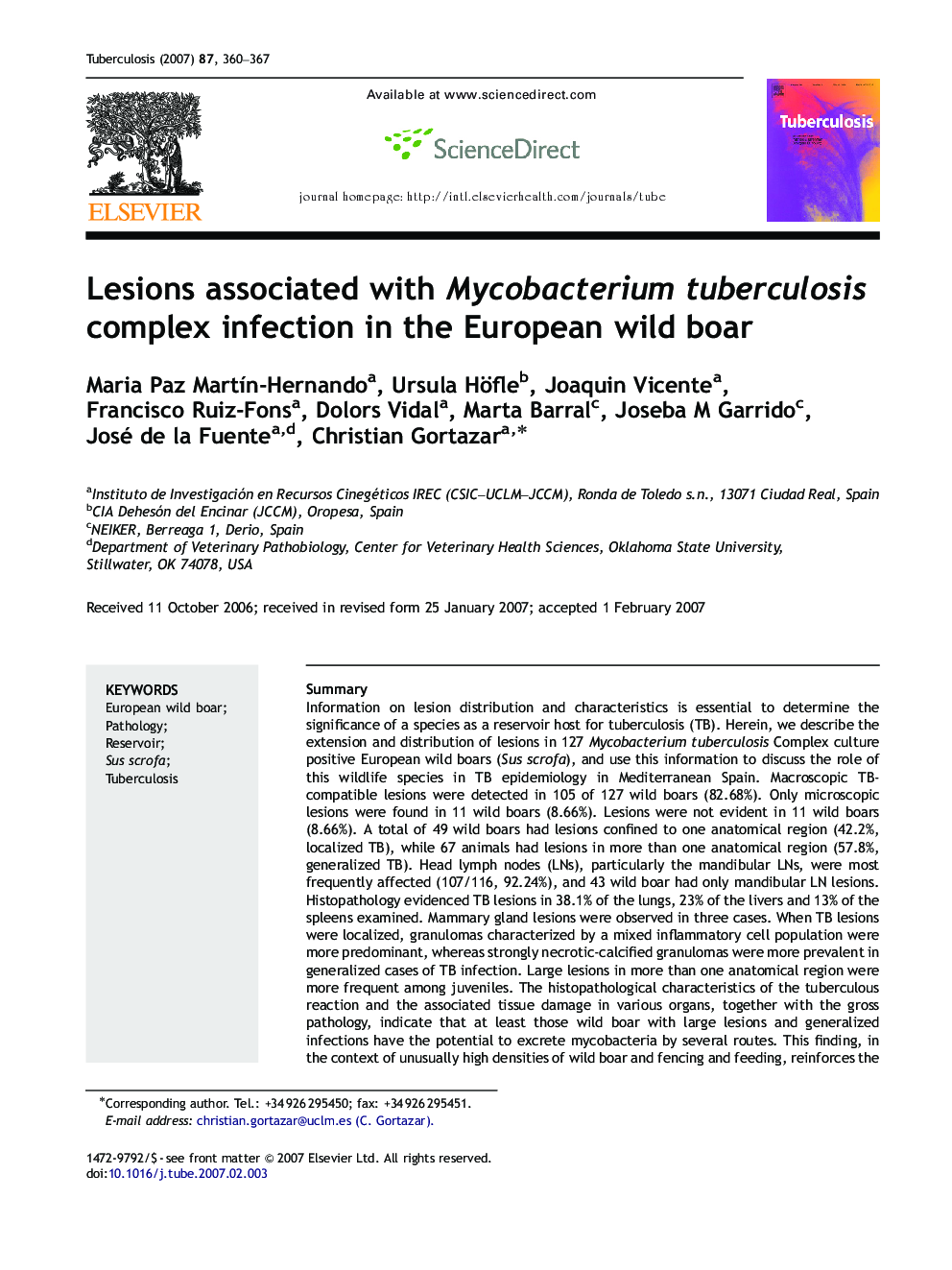 Lesions associated with Mycobacterium tuberculosis complex infection in the European wild boar