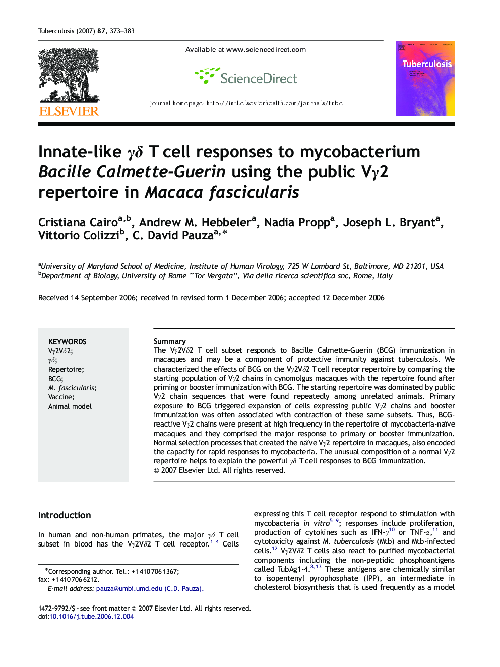 Innate-like Î³Î´ T cell responses to mycobacterium Bacille Calmette-Guerin using the public VÎ³2 repertoire in Macaca fascicularis