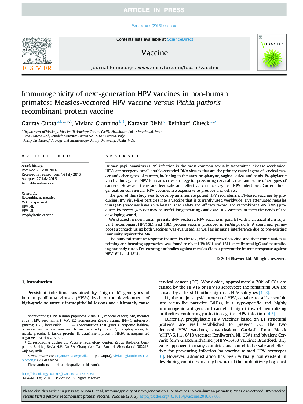 Immunogenicity of next-generation HPV vaccines in non-human primates: Measles-vectored HPV vaccine versus Pichia pastoris recombinant protein vaccine