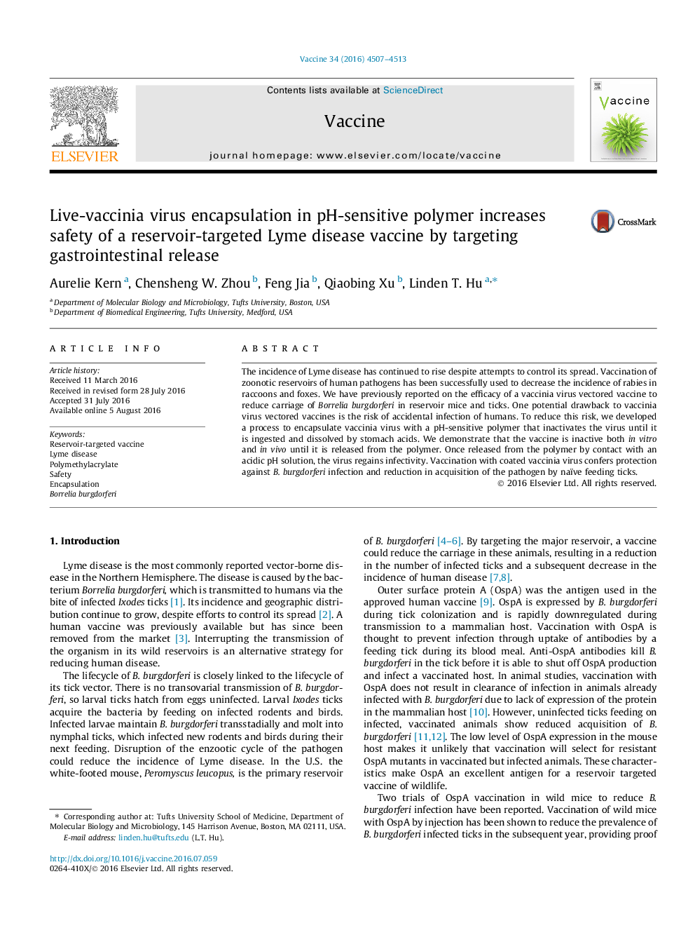 Live-vaccinia virus encapsulation in pH-sensitive polymer increases safety of a reservoir-targeted Lyme disease vaccine by targeting gastrointestinal release