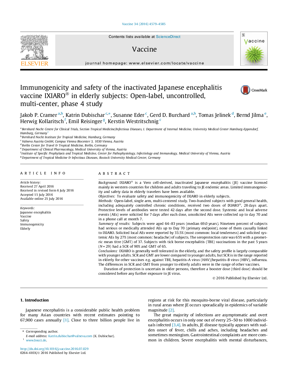 Immunogenicity and safety of the inactivated Japanese encephalitis vaccine IXIARO® in elderly subjects: Open-label, uncontrolled, multi-center, phase 4 study