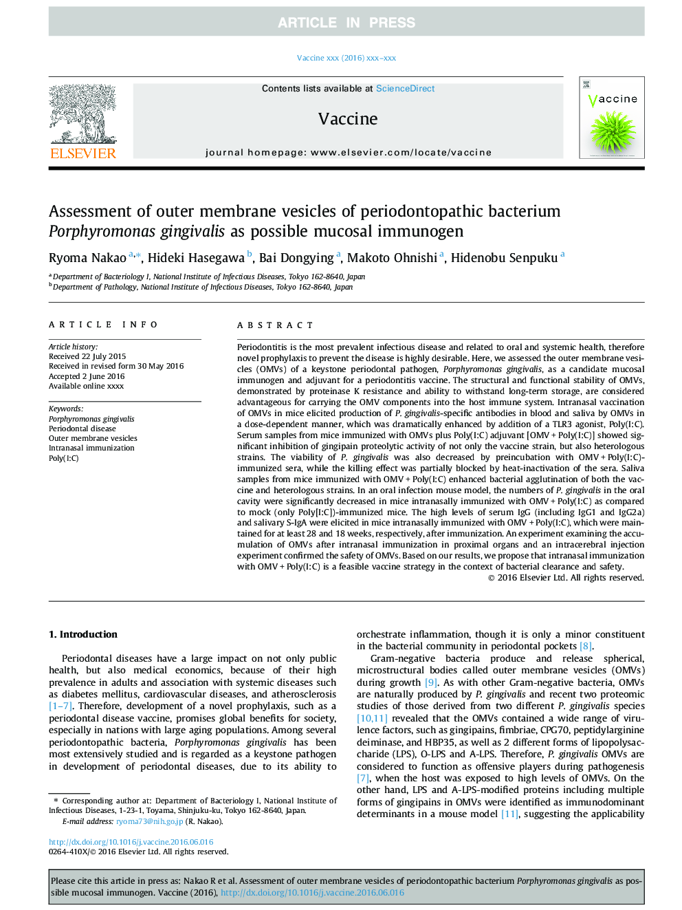 Assessment of outer membrane vesicles of periodontopathic bacterium Porphyromonas gingivalis as possible mucosal immunogen