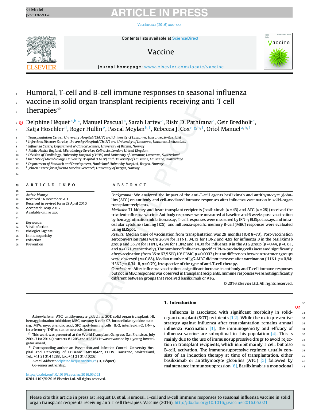 Humoral, T-cell and B-cell immune responses to seasonal influenza vaccine in solid organ transplant recipients receiving anti-T cell therapies