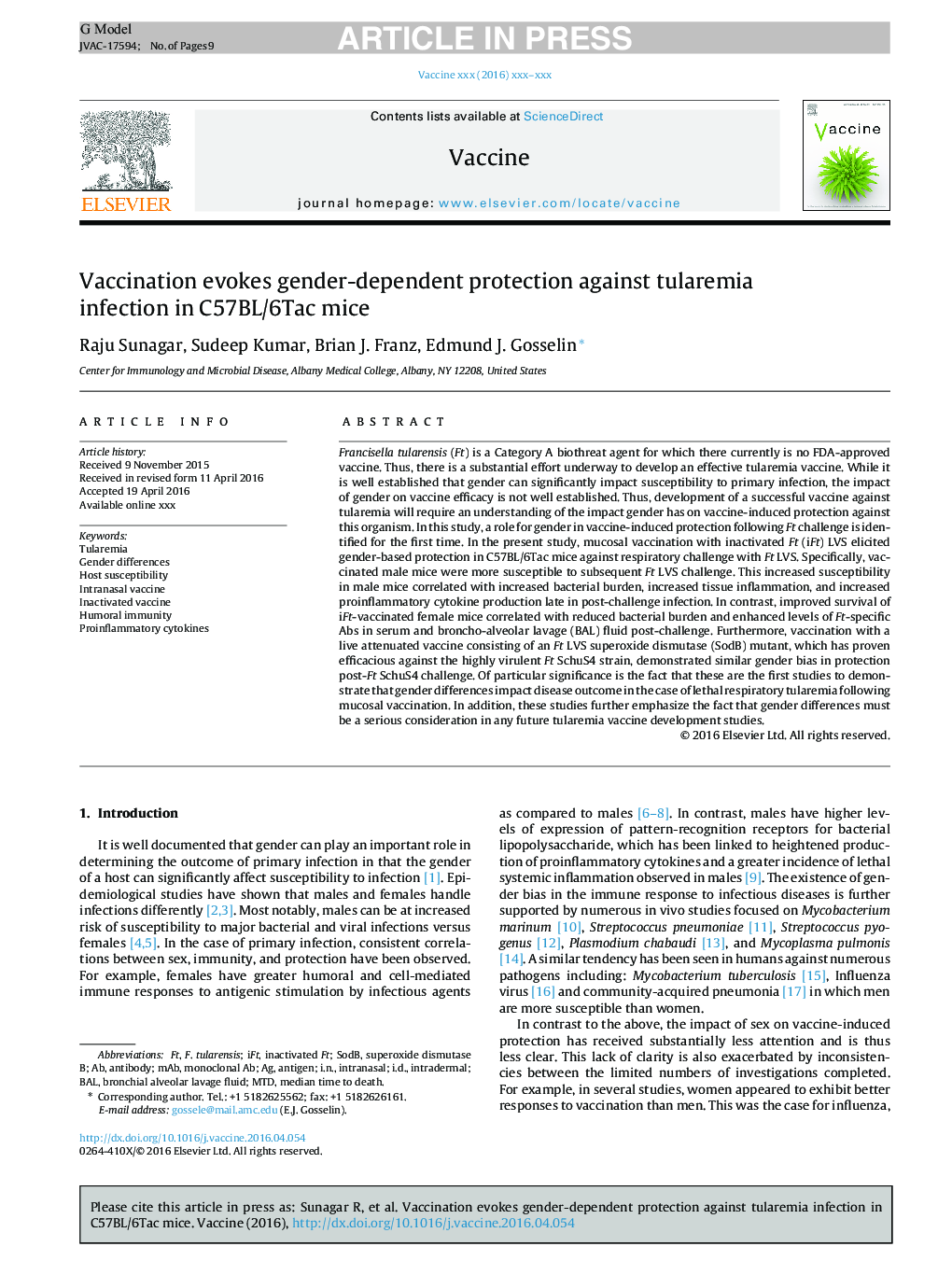 Vaccination evokes gender-dependent protection against tularemia infection in C57BL/6Tac mice