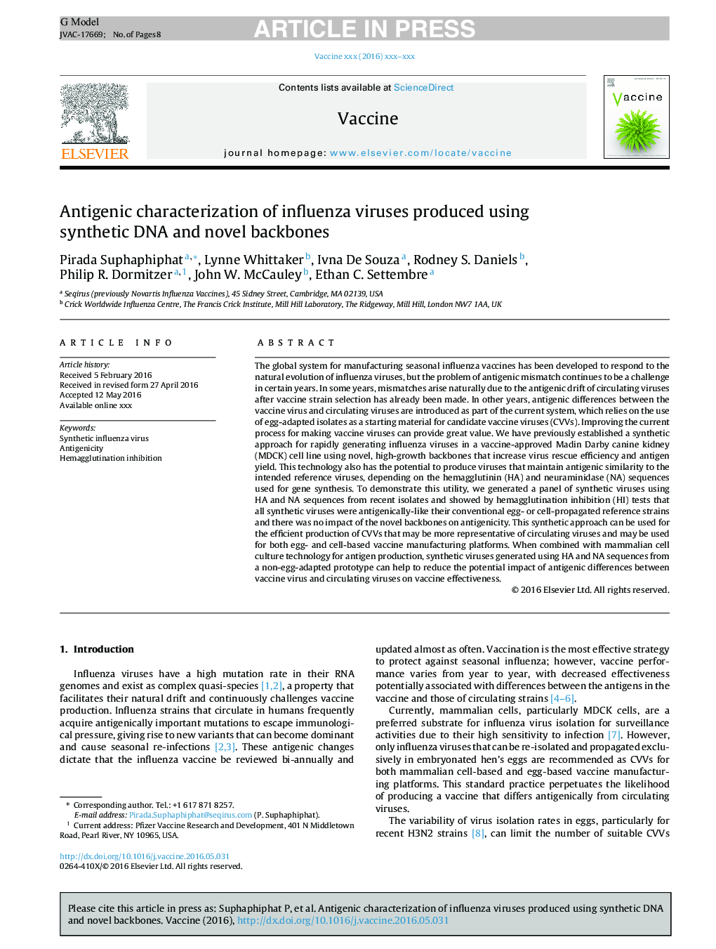 Antigenic characterization of influenza viruses produced using synthetic DNA and novel backbones