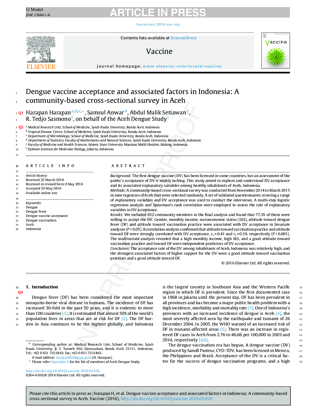 Dengue vaccine acceptance and associated factors in Indonesia: A community-based cross-sectional survey in Aceh