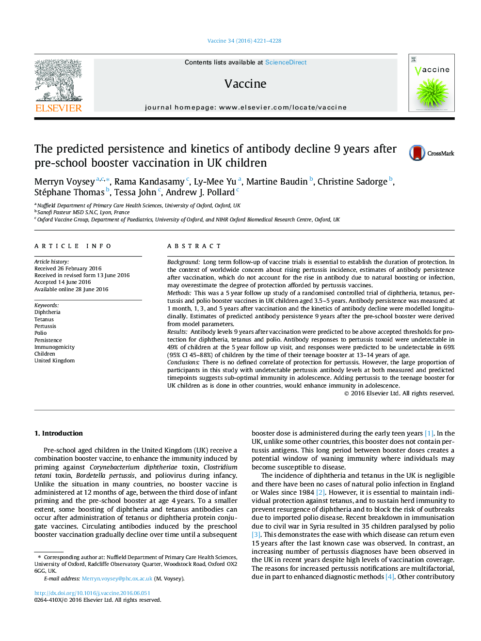 The predicted persistence and kinetics of antibody decline 9Â years after pre-school booster vaccination in UK children