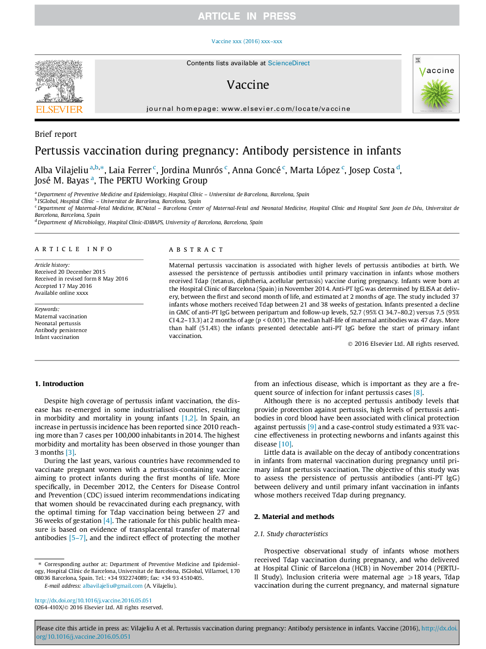 Pertussis vaccination during pregnancy: Antibody persistence in infants