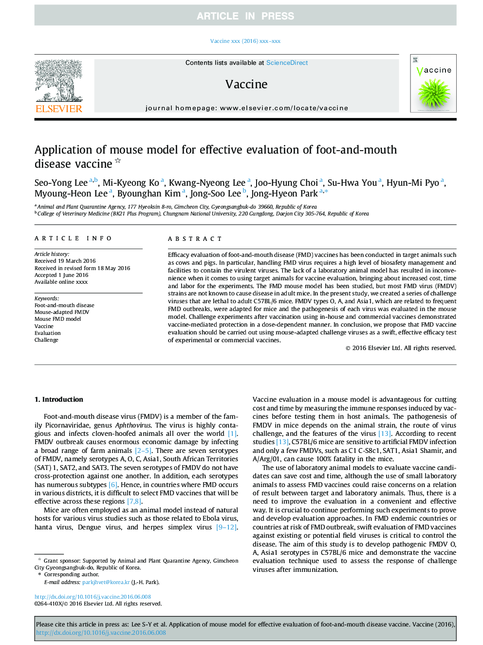 Application of mouse model for effective evaluation of foot-and-mouth disease vaccine