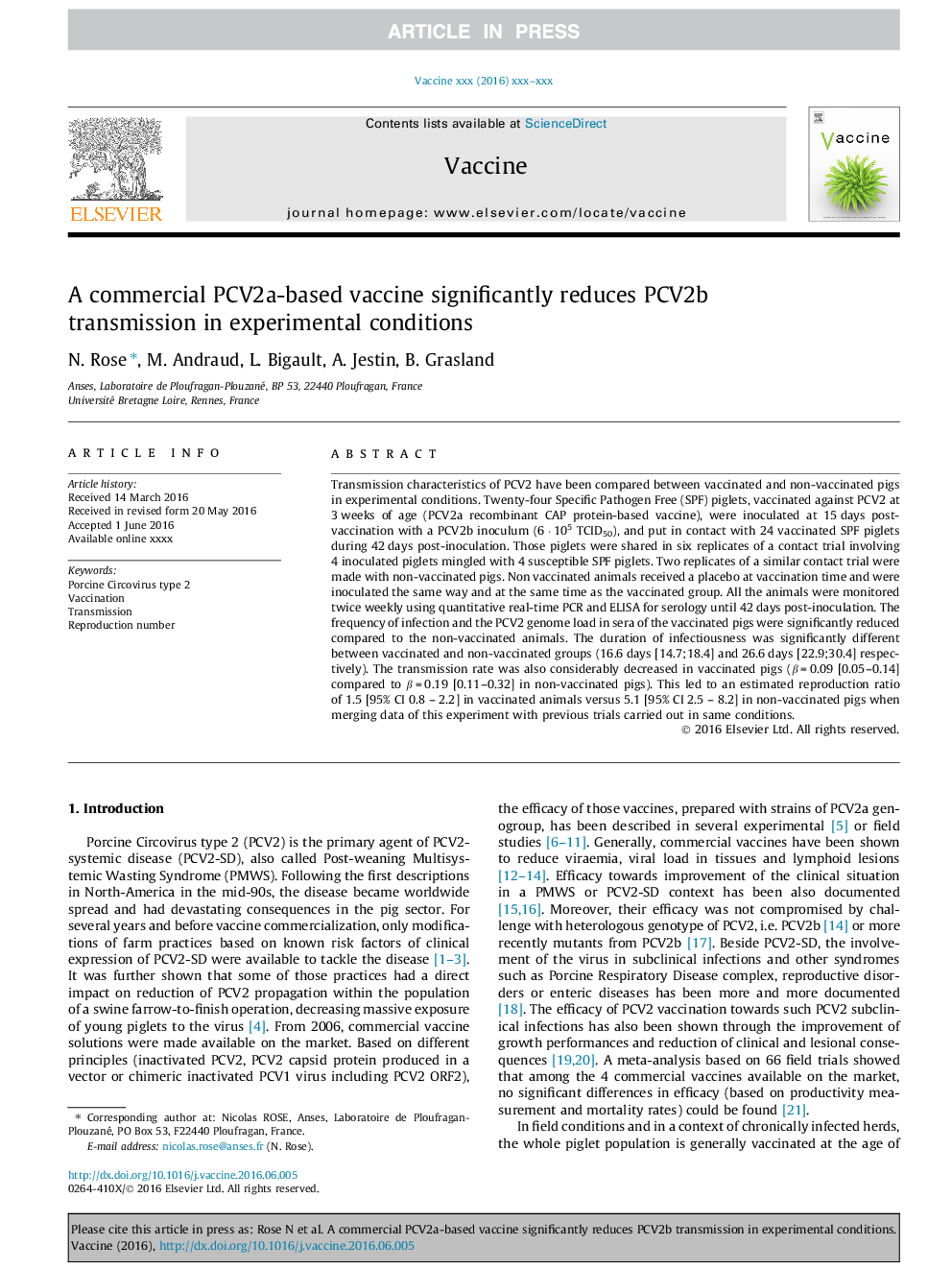 A commercial PCV2a-based vaccine significantly reduces PCV2b transmission in experimental conditions