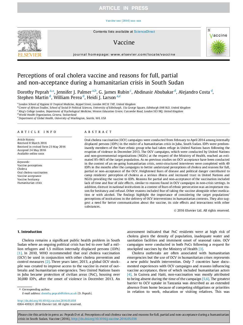 Perceptions of oral cholera vaccine and reasons for full, partial and non-acceptance during a humanitarian crisis in South Sudan