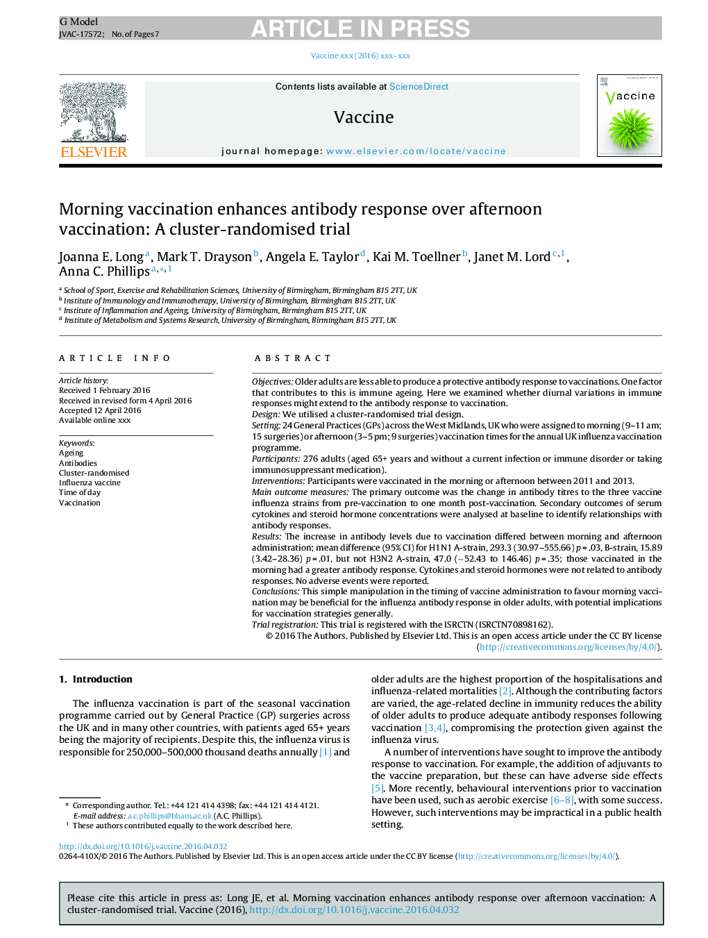 Morning vaccination enhances antibody response over afternoon vaccination: A cluster-randomised trial