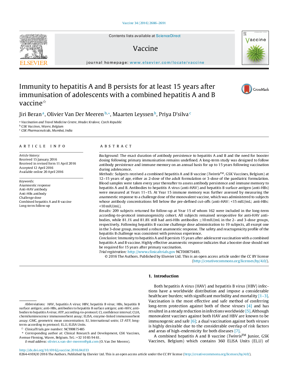 Immunity to hepatitis A and B persists for at least 15 years after immunisation of adolescents with a combined hepatitis A and B vaccine