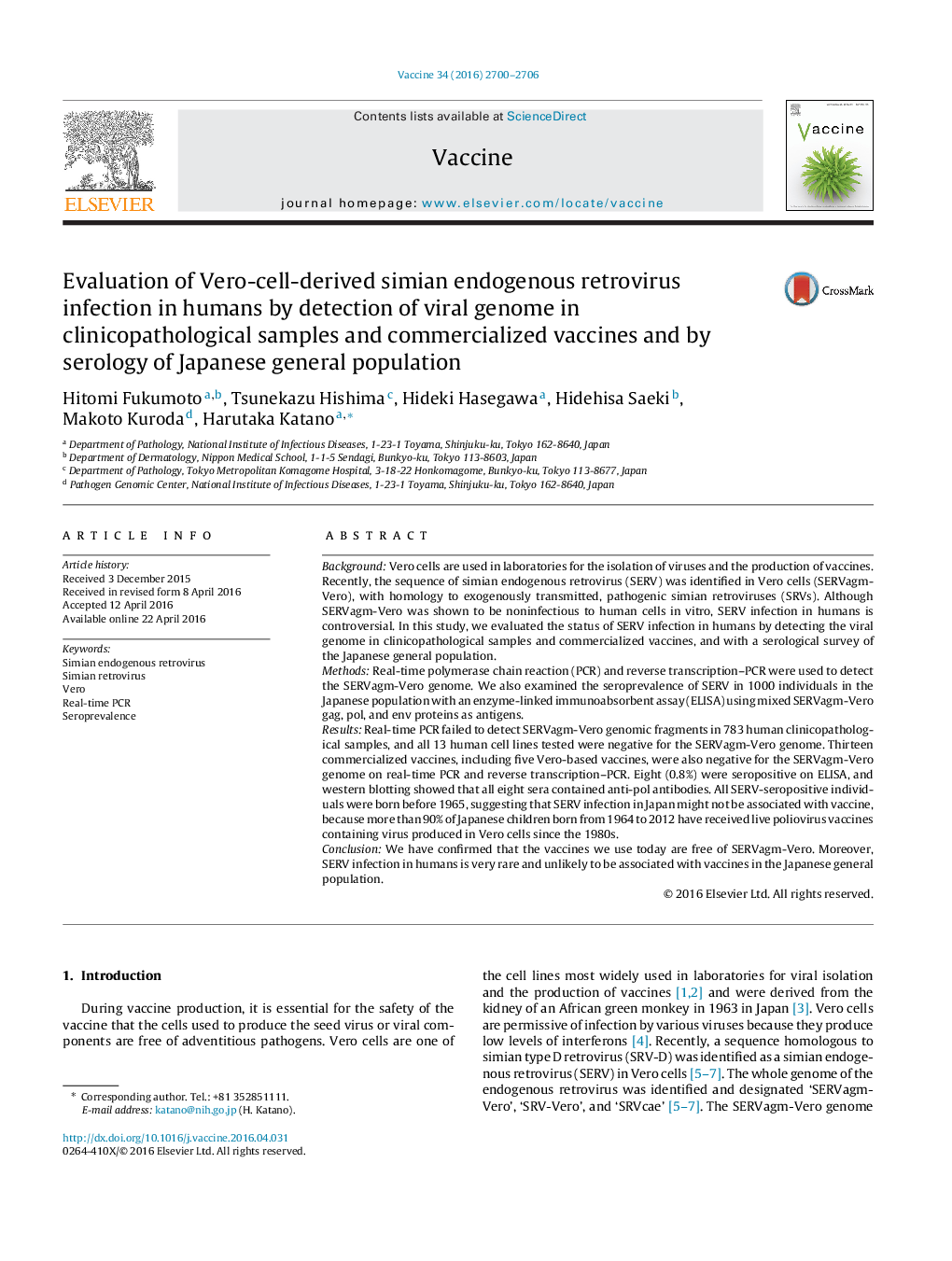 Evaluation of Vero-cell-derived simian endogenous retrovirus infection in humans by detection of viral genome in clinicopathological samples and commercialized vaccines and by serology of Japanese general population