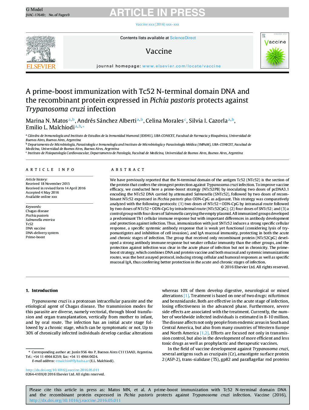 A prime-boost immunization with Tc52 N-terminal domain DNA and the recombinant protein expressed in Pichia pastoris protects against Trypanosoma cruzi infection