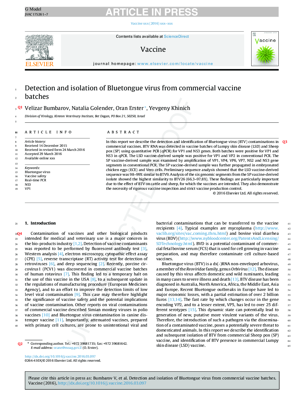 Detection and isolation of Bluetongue virus from commercial vaccine batches