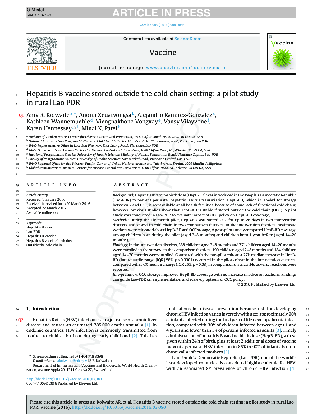 Hepatitis B vaccine stored outside the cold chain setting: a pilot study in rural Lao PDR