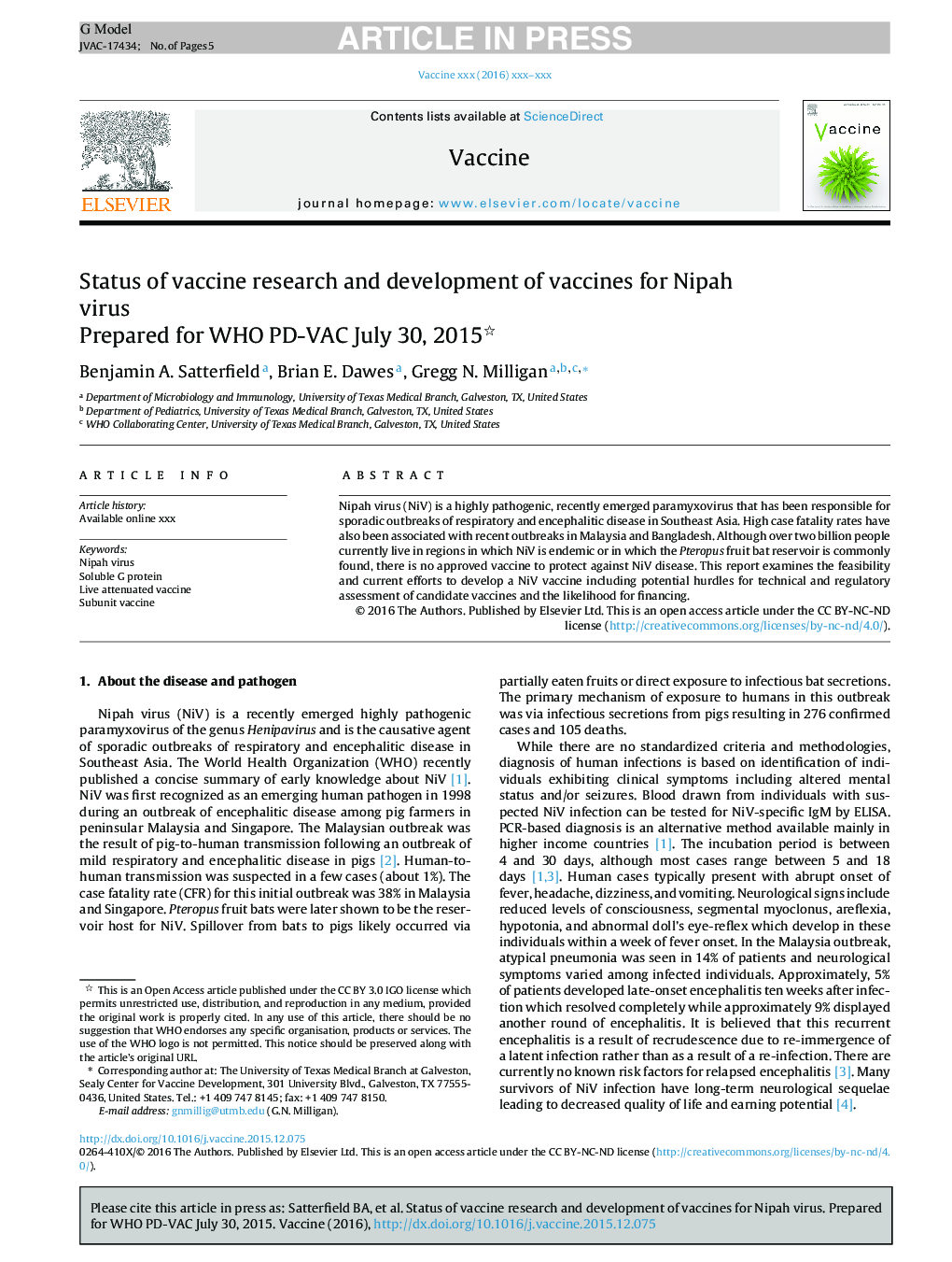 Status of vaccine research and development of vaccines for Nipah virus