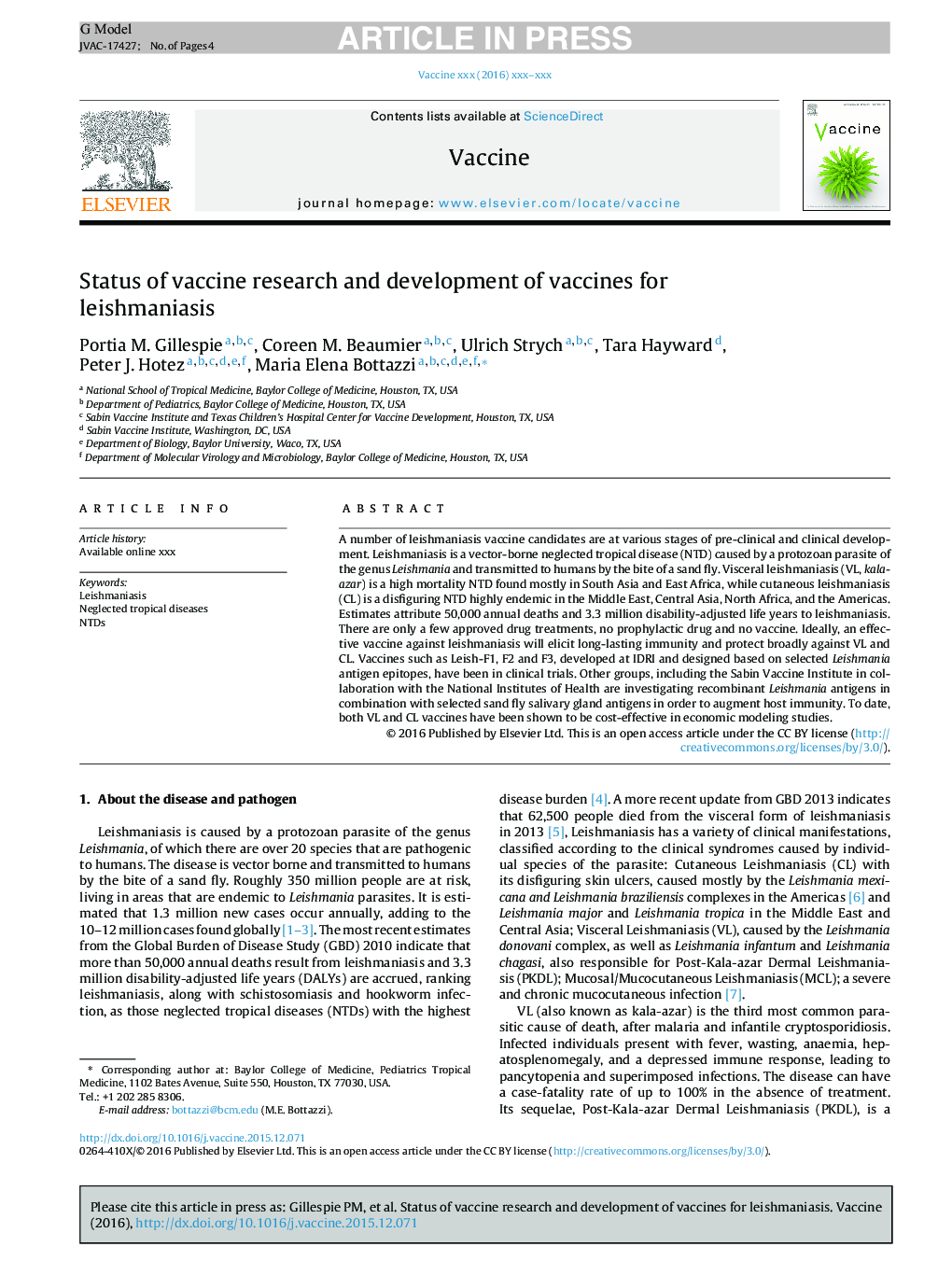 Status of vaccine research and development of vaccines for leishmaniasis