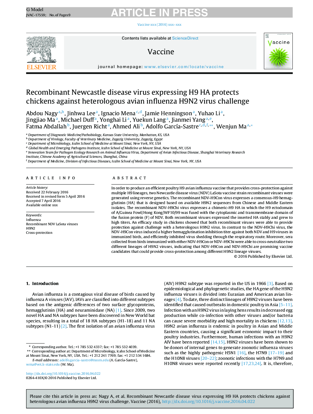Recombinant Newcastle disease virus expressing H9 HA protects chickens against heterologous avian influenza H9N2 virus challenge