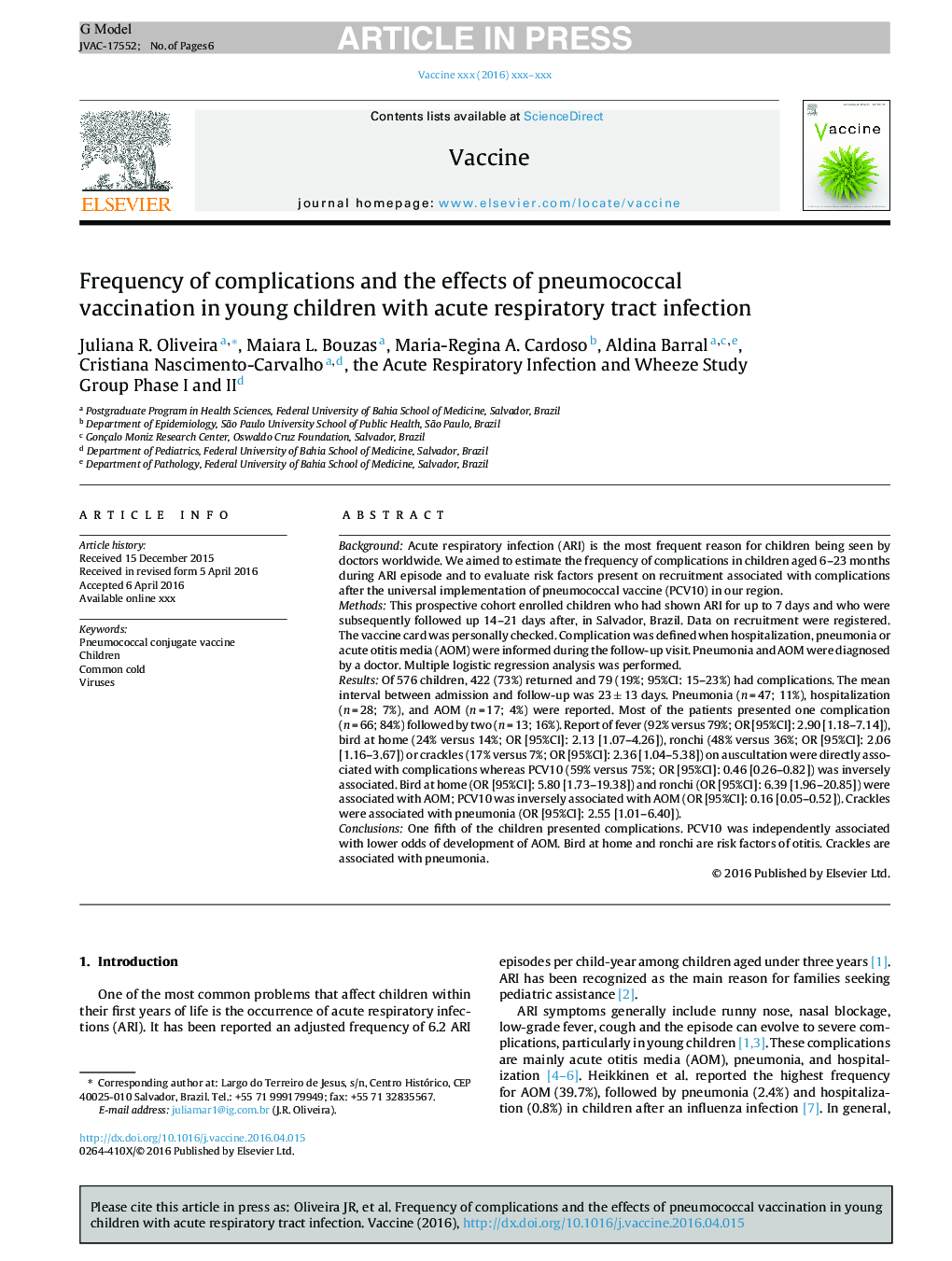 Frequency of complications and the effects of pneumococcal vaccination in young children with acute respiratory tract infection